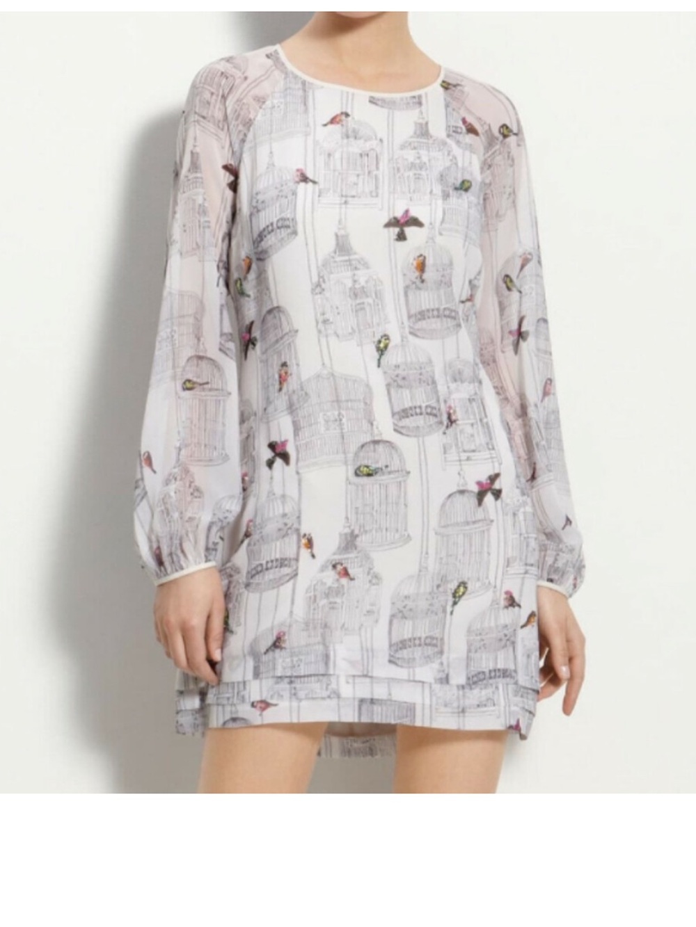 Ted Baker Birdcage Long Sleeve Shift Mini Dress Beaded 1 US 2/4 Cream EUC